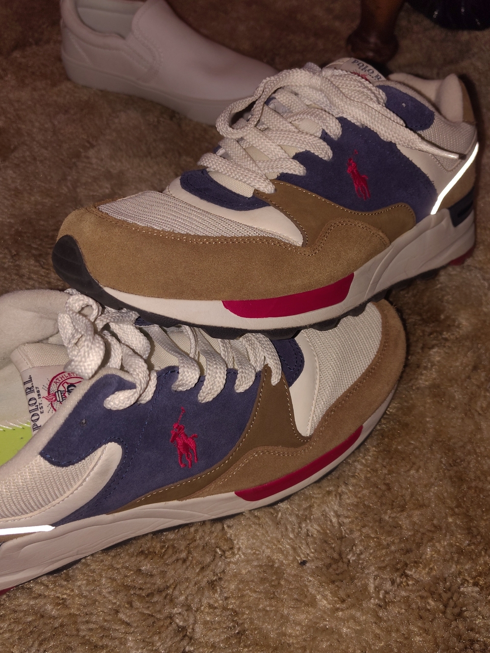Polo by Ralph Lauren Men’s White/Tan/Blue/Red Suede & Mesh Sneakers